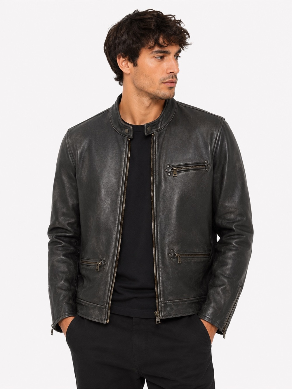 John Varvatos Black Leather Zip-Up Bomber Jacket